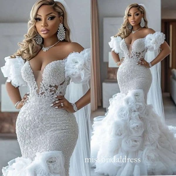 Arabic Aso Ebi Ivory Dress 2025 Mermaid Bridal For Bride Off Shoulder V Neck Sexy Flora Tiered Tulle Charming Wedding Gowns J12 Mb422
