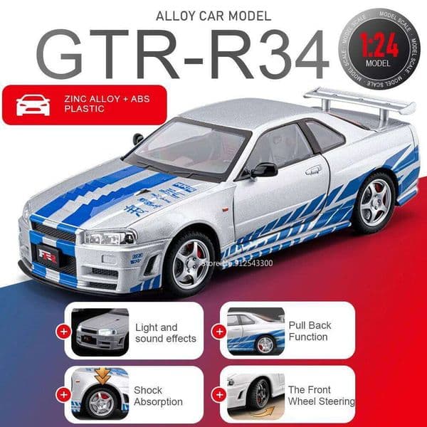 1:24 Scale GTR-R34 Sports Car Model Toy Metal Diecast Sound Light Models Pull Back Shock Absorption Cars Bedroom Decoration 26W0422