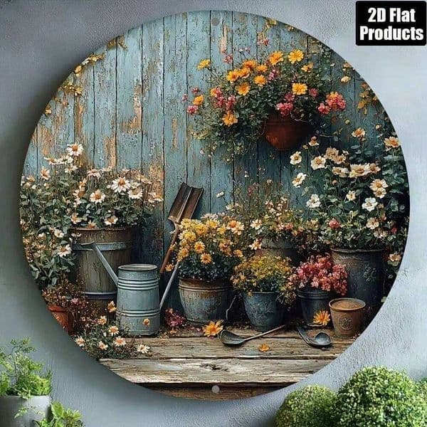 BridalVine Vintage Aluminum Wall Art, 8x8 Inch Rustic Flower Garden Round Plaque Sculpture, Home Decor 26L0422