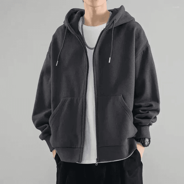 Men's Hoodies Male Clothes Black Solid Sweatshirt For Men Full Zip Up Hooded Winter Young On Sale Offers High Quality Korean Style S