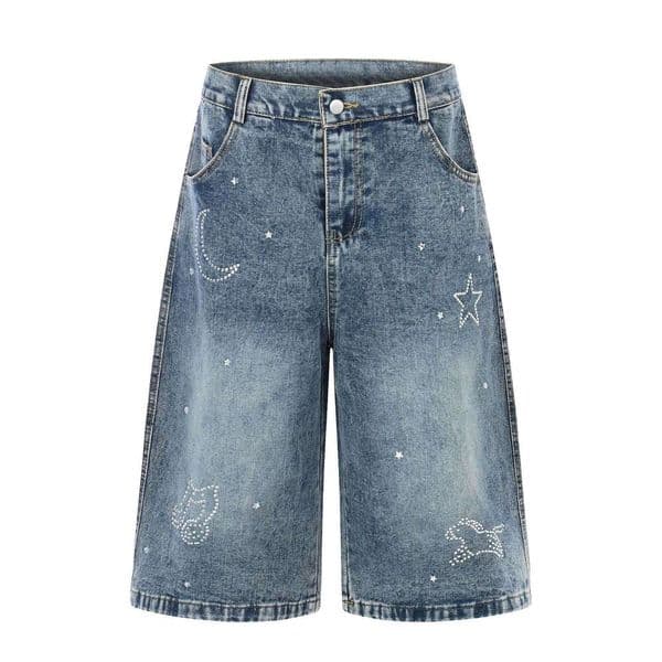 High Street Style Star Moon Rhinestone Wide-Leg Denim Shorts For Men Women, Washed And Distressed, Three-Quarter Length, Direct From The Factory
