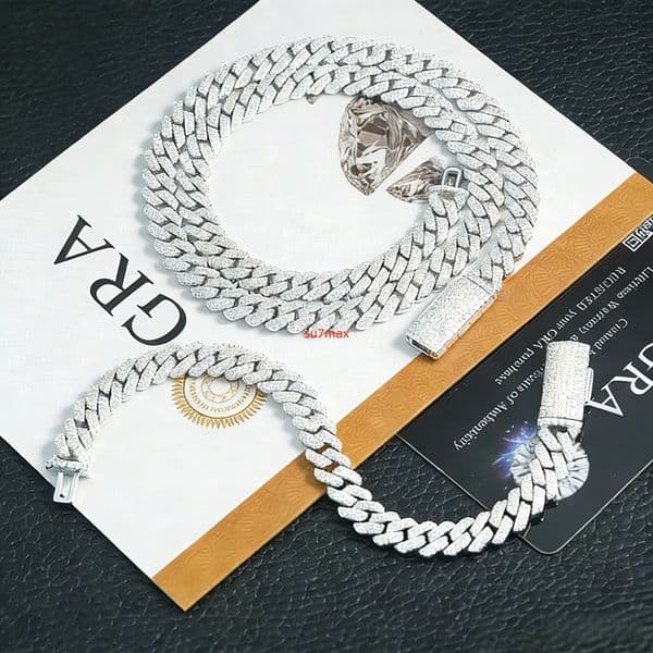 S925 Silver Rhombus Cuban Chain 8mm Double Row Moissanite-Studded Hip Hop Jewelry - White Gold/Gold/Rose Gold6 - 24Inches