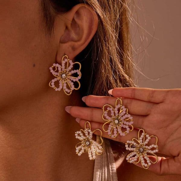 European And American Autumn New Beaded Flower Stainless Steel Earrings High-End Light Luxury Ins Style Ear Jewelry