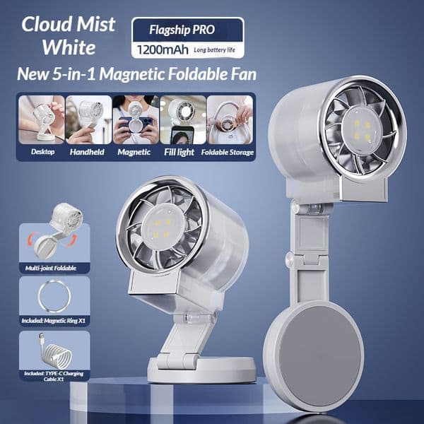 5-in-1 Magnetic Foldable Fan - Portable Desk Light and Multi-Function Fan with 1200mAh Long Battery Life and Compact Turbo Fan