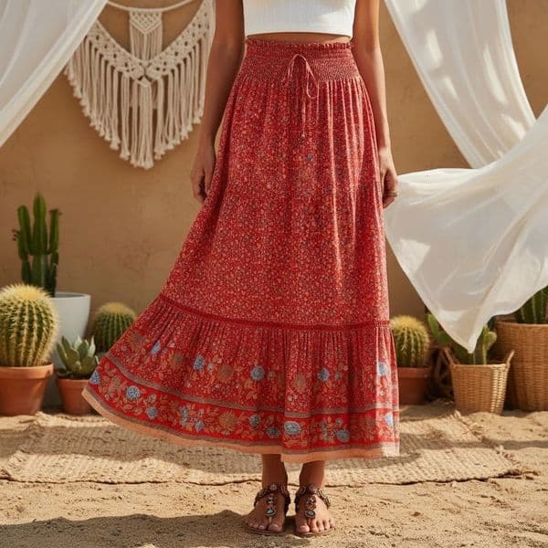 Happie Queens Women Red Floral Print Beach Bohemian Skirt High Elastic Waist Rayon Cotton Boho Maxi Skirts Femme 260422