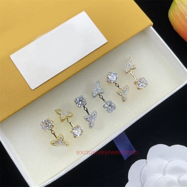 Louise lousi lvness lvs earring Designer Earrings Elegant Crystal Clover Charm 18K Gold S925 Silver Plated Stud Clip Back For Women Wedding Party Diamond Fashion Jew