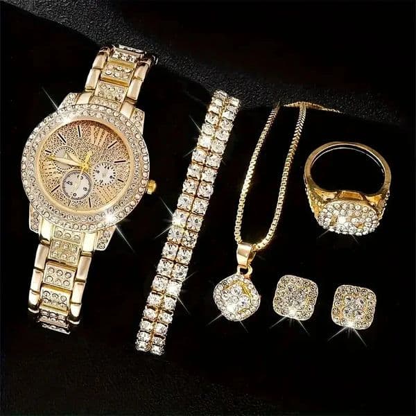 ious ladies quartz watch and jewelry set with intricate engravings a birthday gift and an elegant outfit for a party 260422