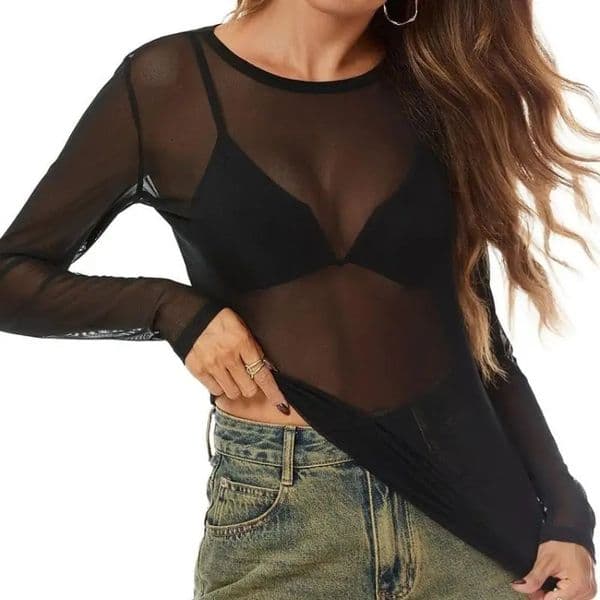 Sexy Women T Shirt See Through Mesh Tops Transparent Long Sleeve Sheer Slim Ladies Tee Tops Casual Fishnet Stretchy Shirt 260422