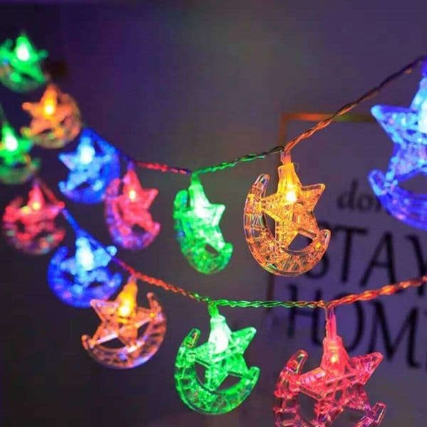 1PC Multicolor Crescent Moon Star LED String Lights, Decorative Fairy Lights for Ramadan, Eid, Bedroom & Patio Decor