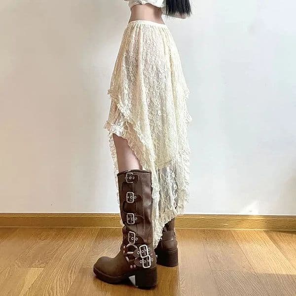 Lace Layered Skirt Vintage Y2K Boho Skirt Pants Fashion High Waist Asymmetrical A-line Skirt Korean Style Womens Clothing 260421