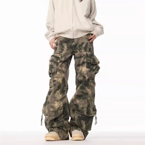 American retro camouflage work pants mens trendy high street straight tube loose casual multi pocket wide leg paratrooper 260421