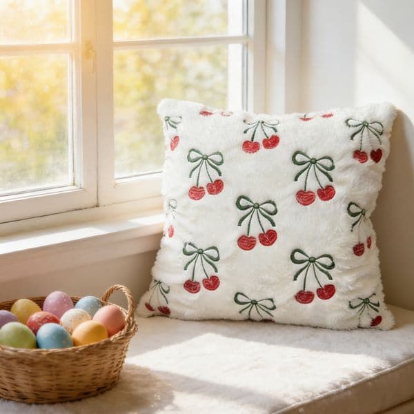 3D Embroidered Cherry Pillowcase Simple Ins Style Living Room Sofa Cover for Home Decorative Atmosphere Backrest Cushion