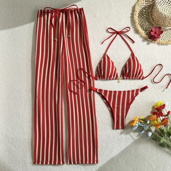 Vintage Red Striped Bikini Set 2026 Women Drawstring Long Panties 3 Piece Swimsuit Beach Holiday Bathing Suit Thong Swimwear 260421