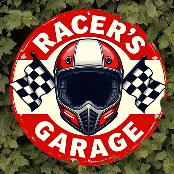Vintage Racer's Garage Metal Sign - 7.8x7.8" Retro Race Helmet & Checkered Flag, Red White Distressed, Bar Cafe Decor 26L0422