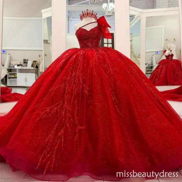 Red Shiny Quinceanera Dresses Off The Shoulder Beading Crystal Bow Tull Party Birthday Sweet 16 Dress Vestidos 15 De Anos ZD10