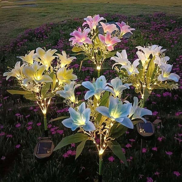 Auto Solar Lily Garden Lights (7 Heads) - Waterproof LED Outdoor Flower Decor for Yard, Pathway, Camping, Wedding | Ground Spike 26W0423