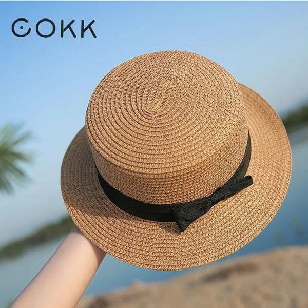 COKK Panama Hat Simple Summer Beach Female Casual Lady Women Flat Brim Bowknot Straw Cap Girls Sun Chapeu Feminino 260423