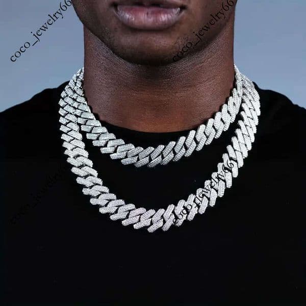 European and American cross-border 14mm wide full-diamond rhombus Cuban chain necklace for men, three-row diamond hip-hop rock accessory