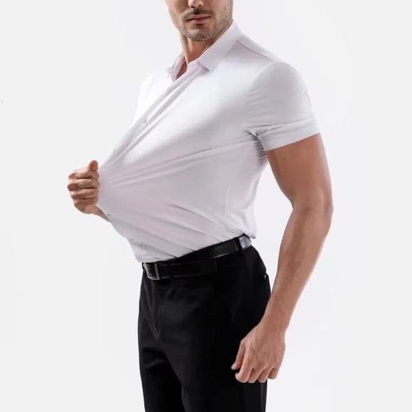 High Elasticity Men Shirt Short-sleeved 2026 Summer Light Thin Soft Solid Casual Slim Fit Formal Dress White Shirt Men Clothing 260421