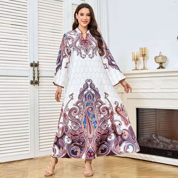 2026 New Muslim V Neck Ramadan Jalabiya For Women Middle East Paisley Printed Eid Ethnic Style Dress Dubai Elegant Islamic Robe