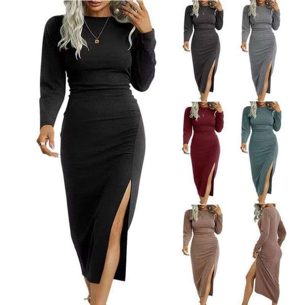 High Quality Long Sleeve Round Neck Striped Slit Flash Sexy Evening Party Dress For Women