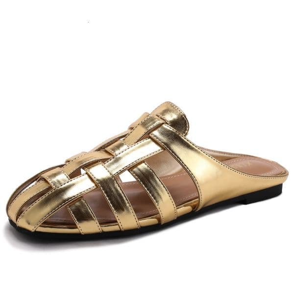2026 new French gold women's new flat bottomed hollow toe sandals suitable for outdoor wear. Multi functional Roman sandals suitable for women's beach shoes