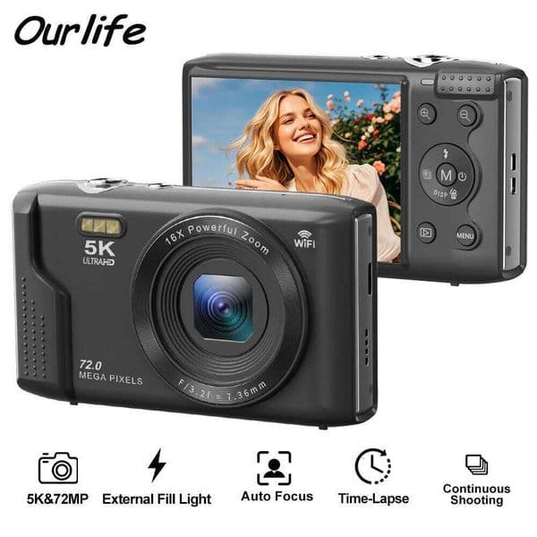 Ourlife Compact Camera 5K 72MP 2.8'' LCD Screen 16X Digital Zoom Vintage Photography Vlog Video Recorder YouTube 26W0420