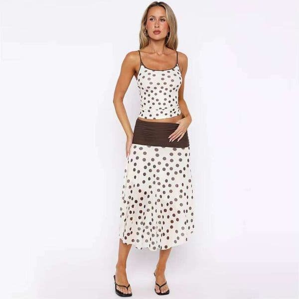2026 Summer Polka Dot Navel Exposed Suspenders Vest Contrast Stitching Skirt Two-Piece Set