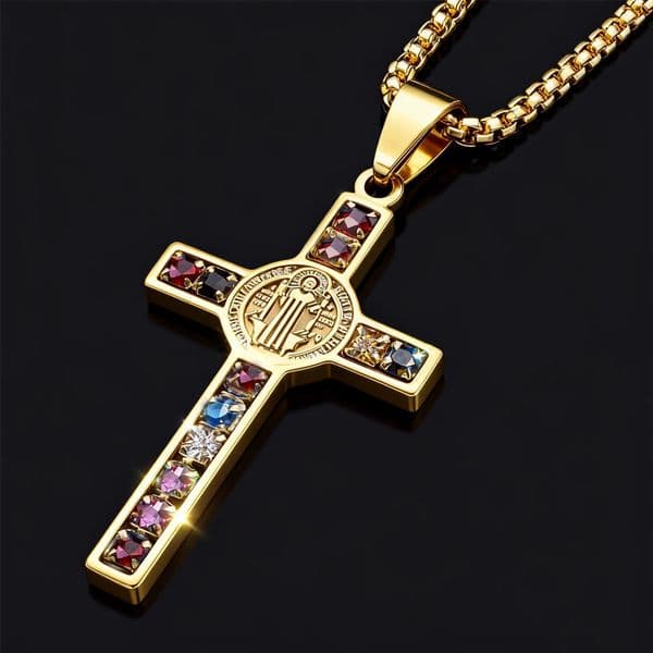 Saint Benedict Jesus Cross Stainless Steel Necklace Catholic Crucifix Male Colored Zircon Necklaces Jewelry San Benito 260423