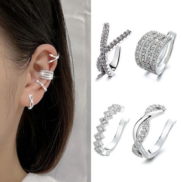 A Girl 4Pcsset Creative Silver Color Zirconia Clip on Earrings for Women Geometric Ear Cuff Without Piercing Jewelry 260423