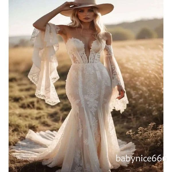 Rustic Country Bohemian Wedding 2026 Flare Sleeve Lace Boho Mermaid Bridal Elegant Gatsby Celtic Bride Dress Viking Vestidos De Novia Hippie