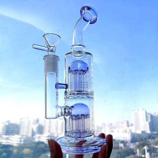 9.8inchs Thick glass Bong Double Arm tree Perc Recycler glass Water Pipes Bubbler Smoking Accessories Bubbler Hookahs Shisha With 14mm male