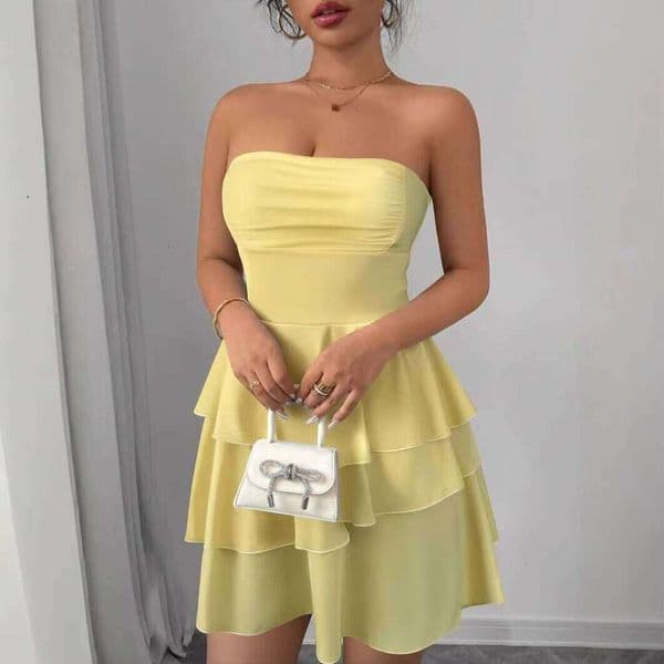 Summer New Fashion Backless Short Skirt Sexy Tube Top Solid Color Sweet Girl Cake Mini Dress