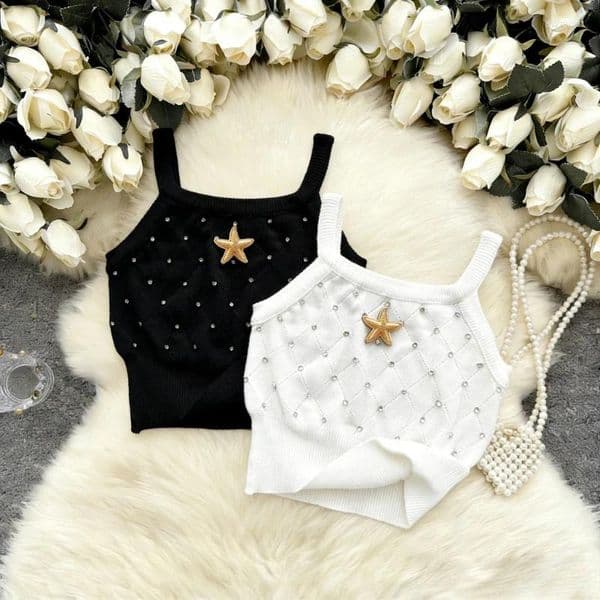 Women's Tanks Solid Rhinestone Eyelet Spaghetti Top Casual Crew Neck Sleeveless Knitted Cami For Spring Summer Clothing Crop
