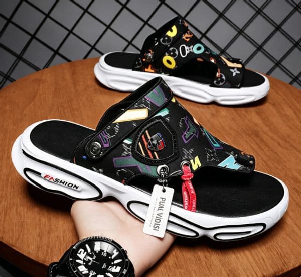 Men Graffiti Letter Print 2-in-1 Flip Flop Sandals, Chunky Thick Sole Casual Fashion Summer Beach Slippers