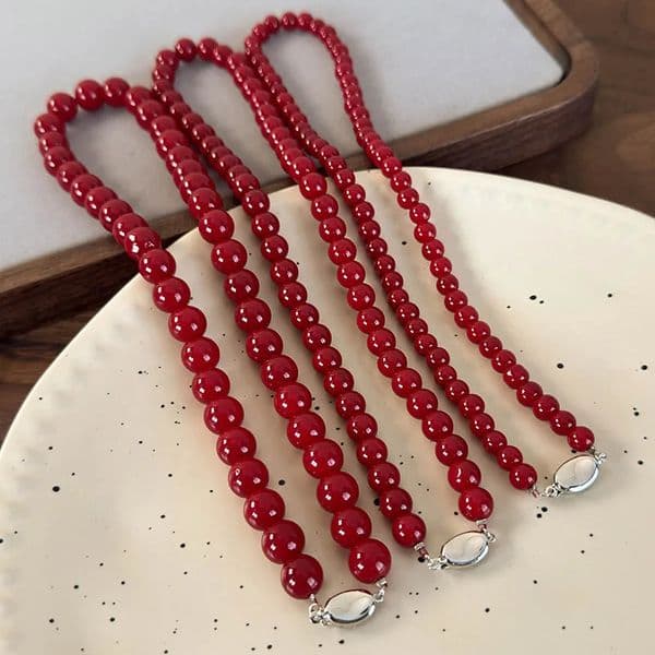Minar Classic 6 8 10mm Red Color Glass Beads Strand Beaded Necklace for Women Silver Plated Ingot Clasp Sweater Chain Choker 260422