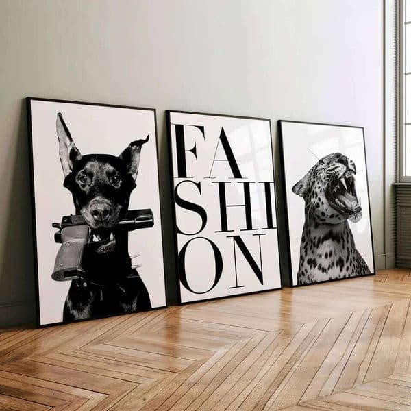 3pcs Frameless Doberman & Leopard Black White Grey Animal Portrait Canvas Wall Art Set - Modern German Shepherd Inspired Posters 26W0423