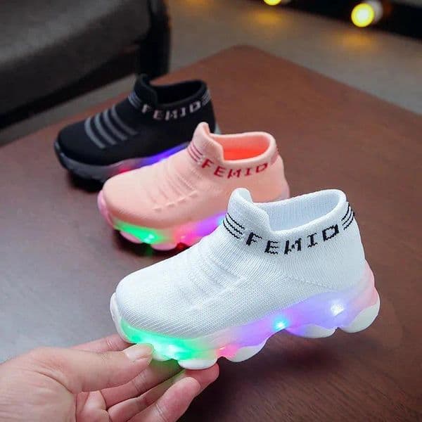 Childrens Sports Baby Girls Letter Grid Led Glow Socks Sports Running Shoes Sapato Baby Glow Shoes 240