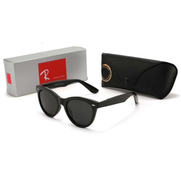 Classic Retro Cat Eye Round Sunglasses Glossy Full Black Frame with Mini Rivet Detail Polarized Dark Grey Lens UV400 Protection