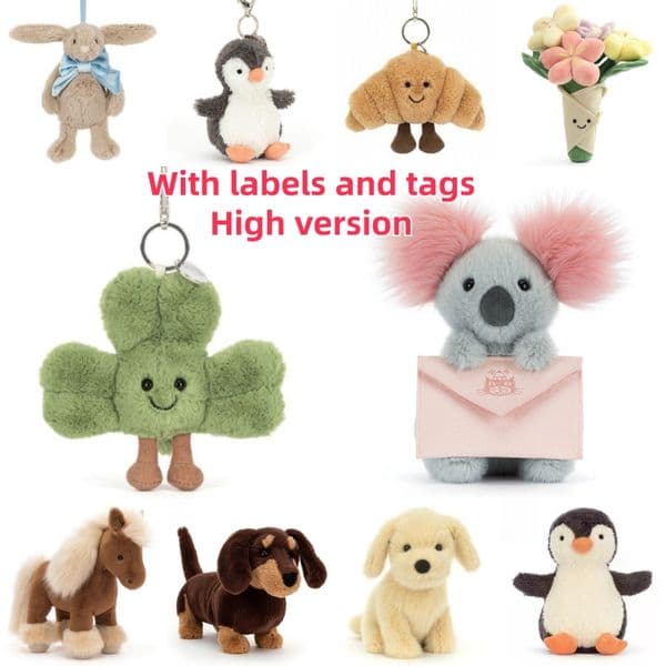 High version Jelly catt keychain with labels Plush pendant Bag Charms plush toy Accessories Doll Car Pendant bunny with red heart Golden Retriever doll gift S260506