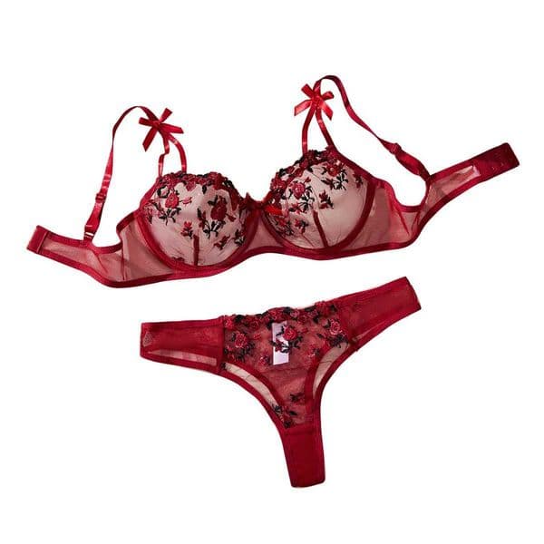 Red Sexy Lingerie Erotic Transparent Embroidery Floral Sleepwear Lace Costumes Ladies Babydoll For Gift Bra And Brief Set No-padL260422