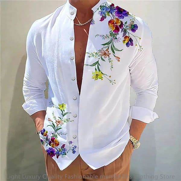mens shirt long-sleeved shirt 3D printing flower pattern long-sleeved standing clothing fashion casual XS-6XL soft fabric 260421