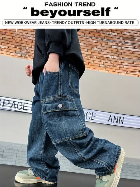 Boys loose and casual four-season wearable stylish and handsome street straight-leg workwear jeans full elastic waistband 260422