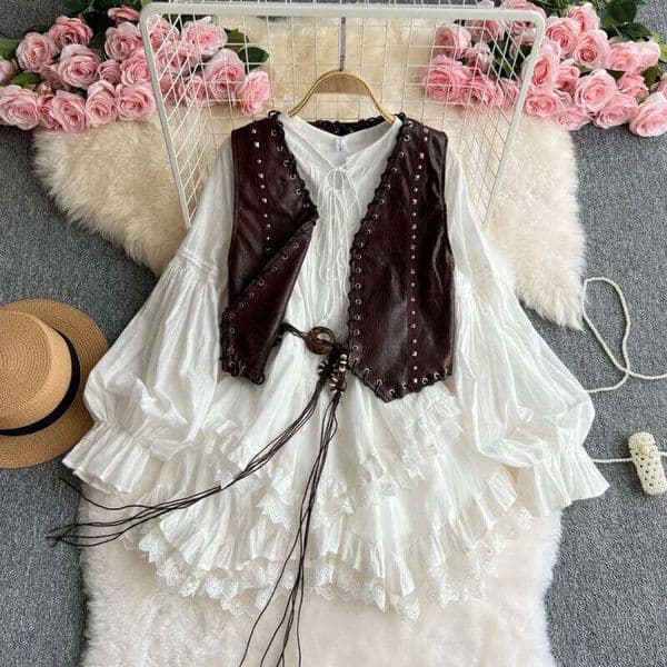 Sweet Lace Patchwork Waist Long-Sleeved + Leather Vest 2-Piece Dresses Women's Boho Beach Holiday Short Dress Set Mdng260423