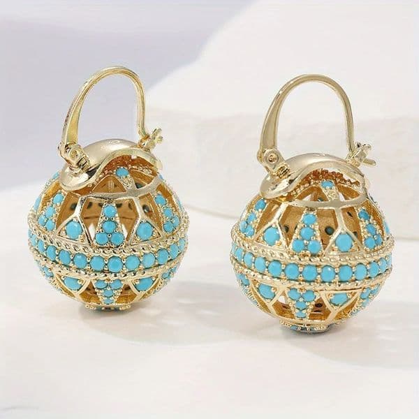 Ethnic n Gold Color Inlaid Turquoise Womens Earrings Vintage Metal Circular Sphere Dangle Earrings Woman 260423