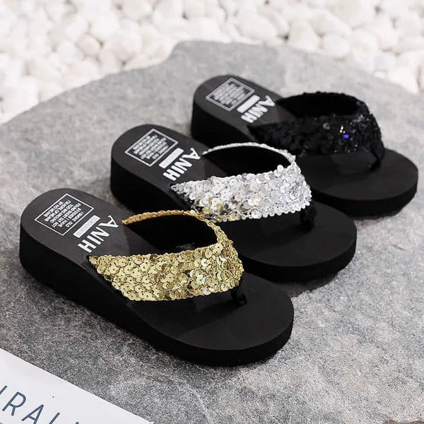 Women Summer Sandals Sequins Beach Female Flip Flops Ladies Slippers High Heels Shoes For Women Platform Wedges Slippers 260422