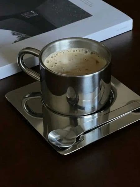 Luxury Designer Decor 304 Stainless Steel Water Nordic Design Metal Cup Spoon And Plate Minimalist room Coffee Set Ins Blogger Desktop Softw 1 8 5