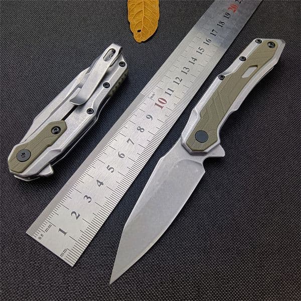 KS 1369 Folding Pocket Knife Assisted Flipper 2.95 Inch 8Cr13Mov Stonewashed Clip Point Blade G10 Handle for Camping EDC knife tactical