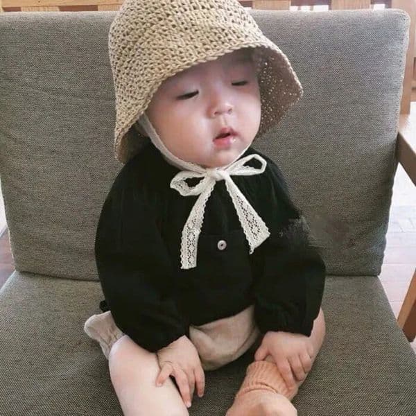 Summer Korean Baby Boy Girl Straw Hats Lace Strap Crochet Children Handmade Foldable Sun Cap Lace Beach Sun Outdoor Hat 260422