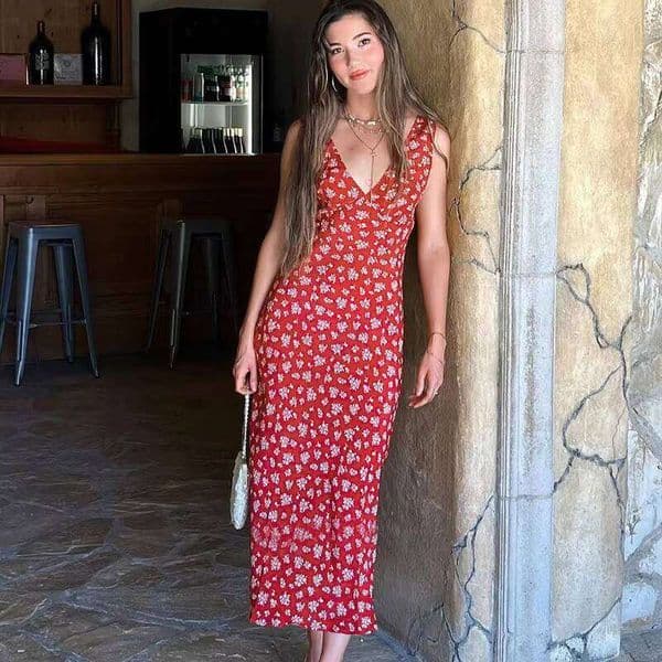 French Romantic Style Floral Print Deep V Neck Sexy Fashion Casual Summer Vacation Dress